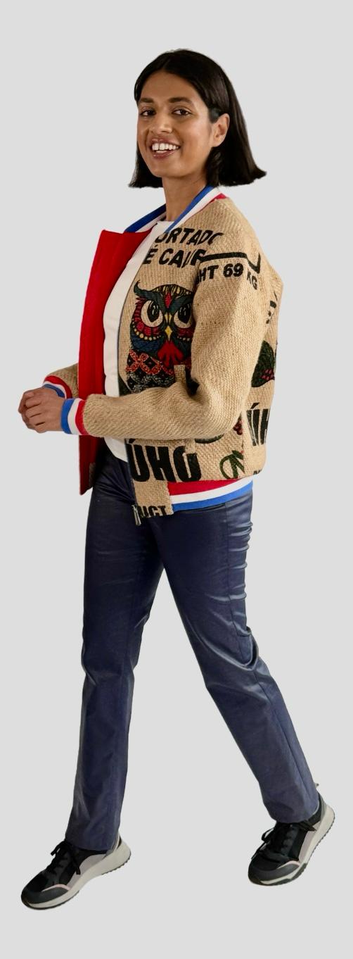 One-off sustainable fashion item made from upcycled coffee sacks from THE COFFEE JACKET® brand