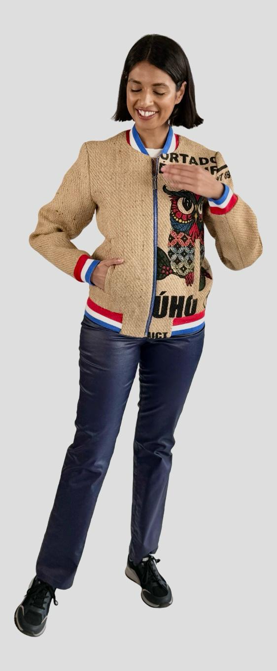 One-off bomber jacket handmade of upcycled Mexican coffee sacks with an authentic OWL print