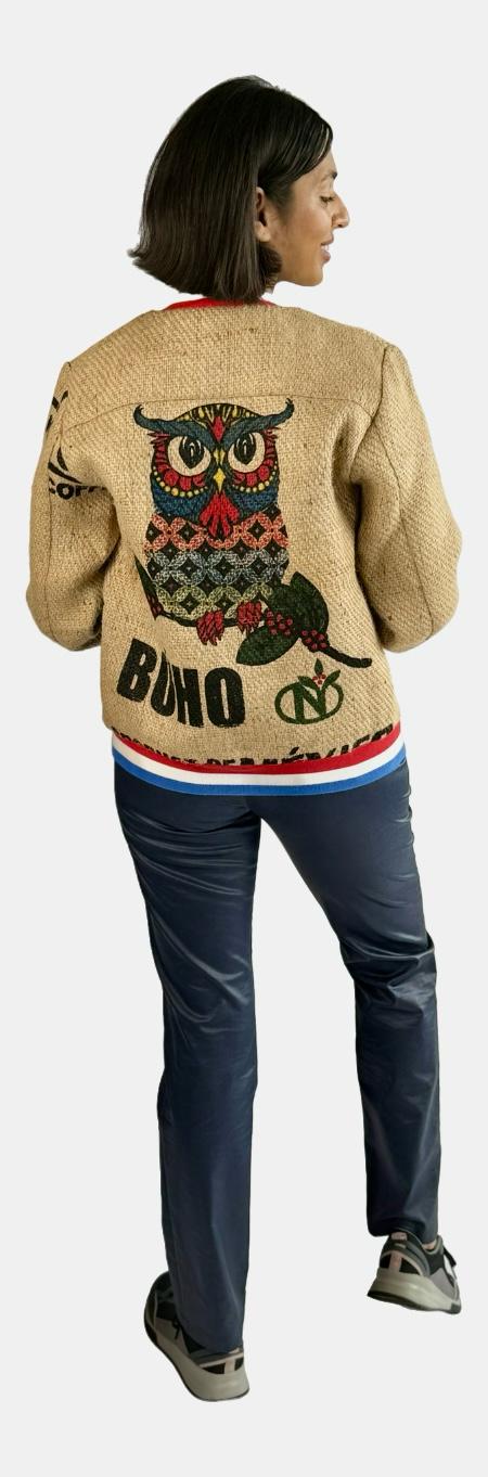 One-of-a-kind sustainable fashion clothing made of used coffee sacks with authentic print of a sack form the German THE COFFEE JACKET® brand