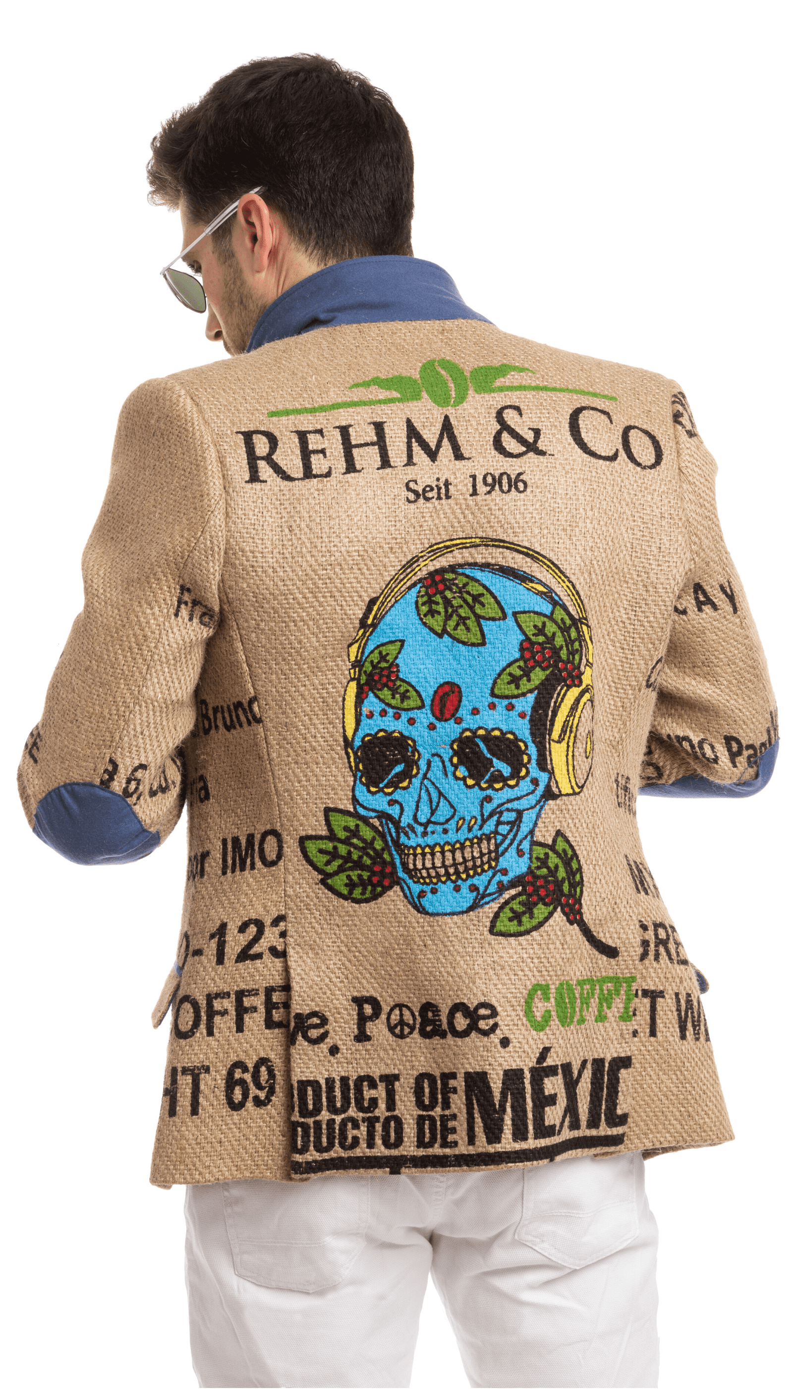 Absolutely unique design of the men`s blazer from The Coffee Jacket® made of used coffee sacks with original coffee farm`s print
