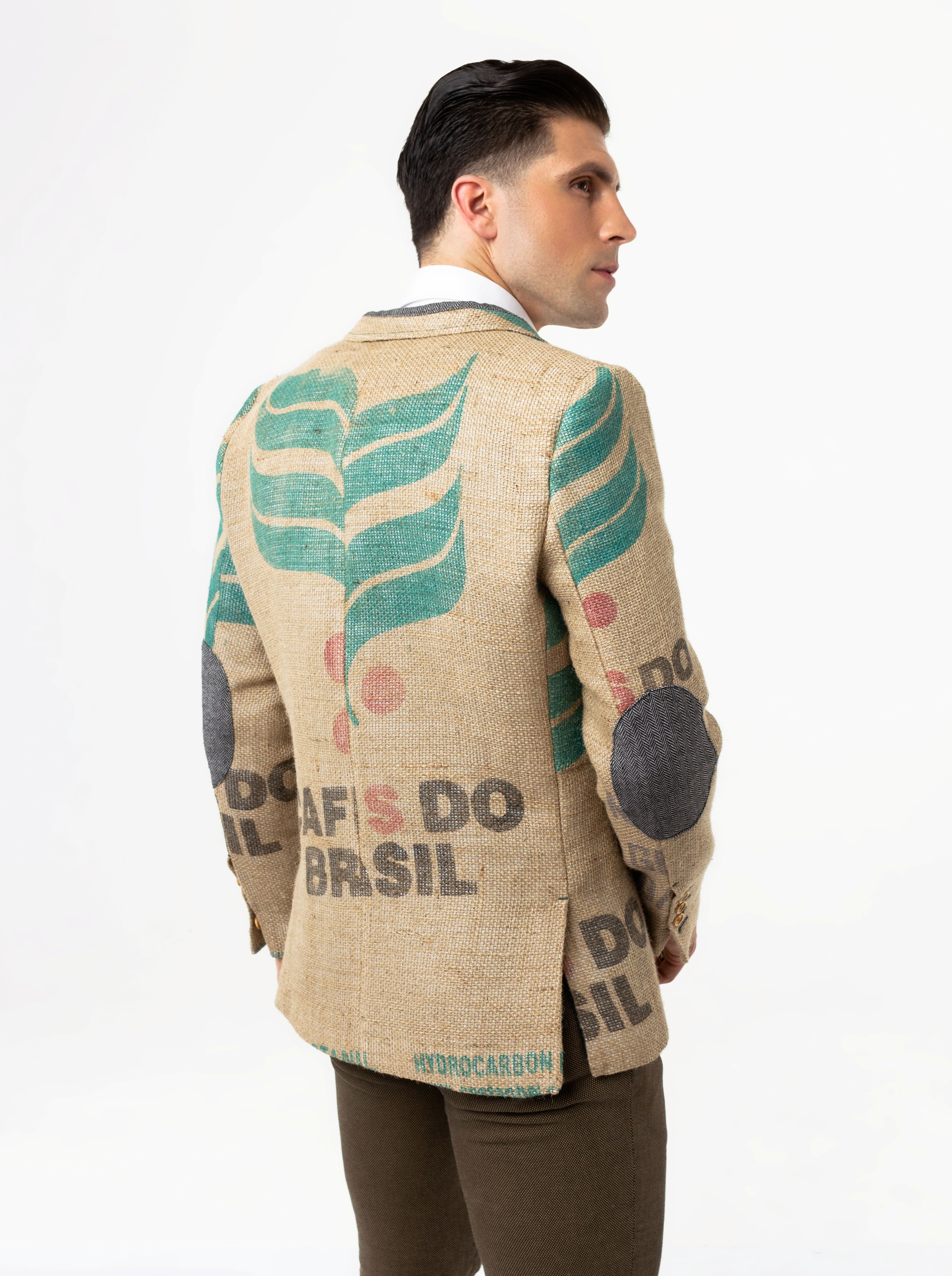 An elegant sustainable men`s blazer made from Brazilian coffee sacks