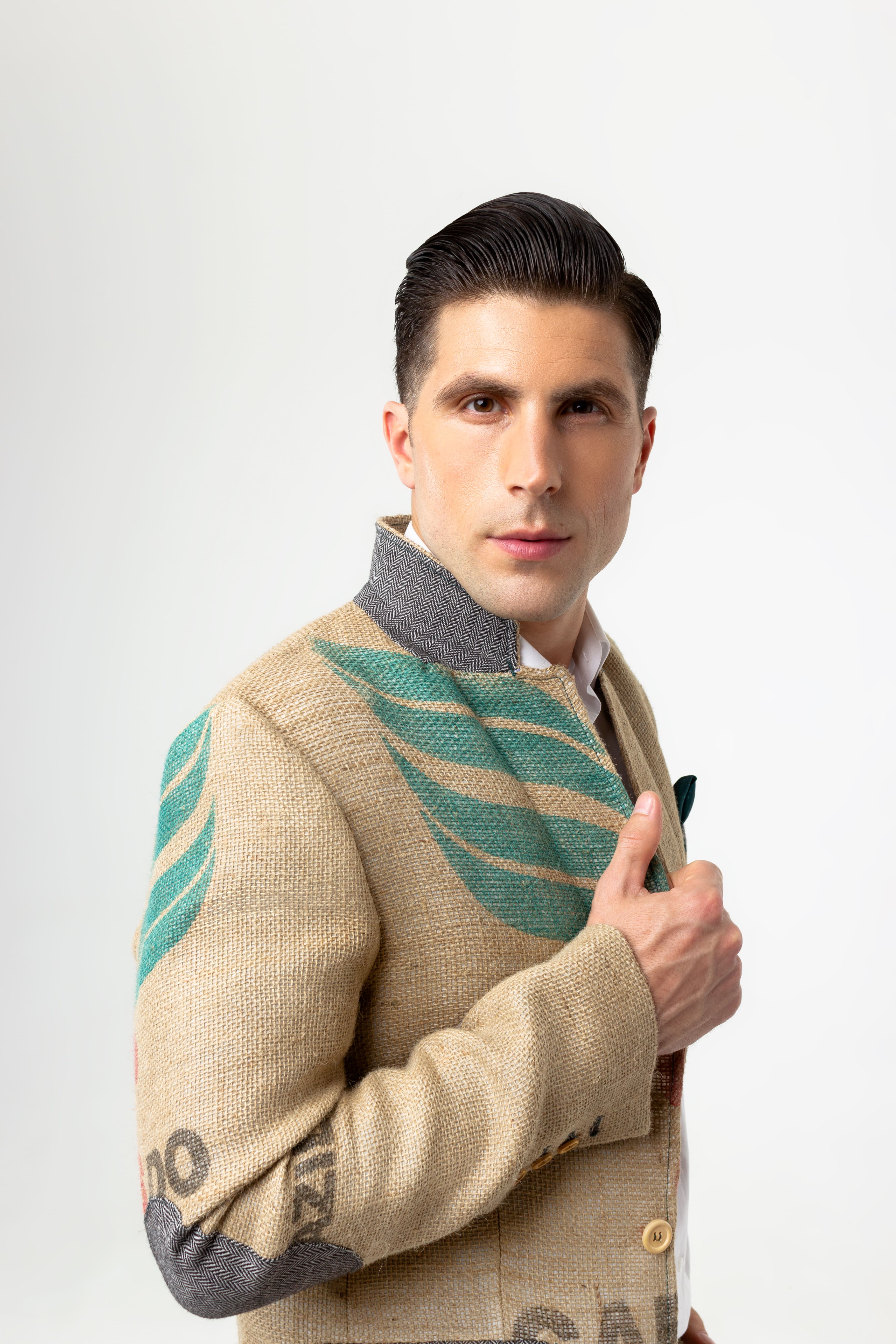 Original design of an environmentally friendly sports jacket for men from upcycled coffee bags
