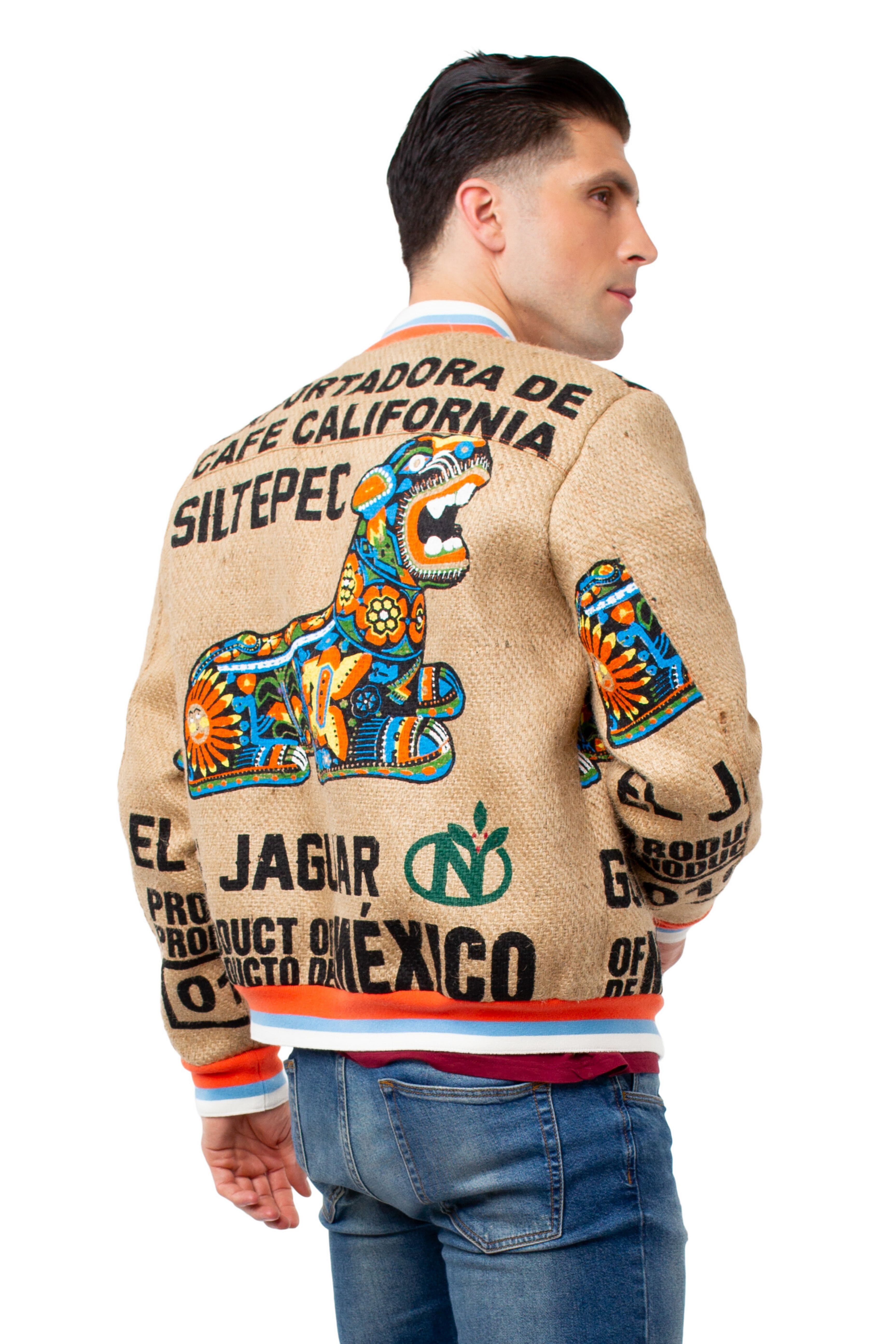 A man wearing an exquisit handmade bomber jacket made of upcyceled coffee sacks
