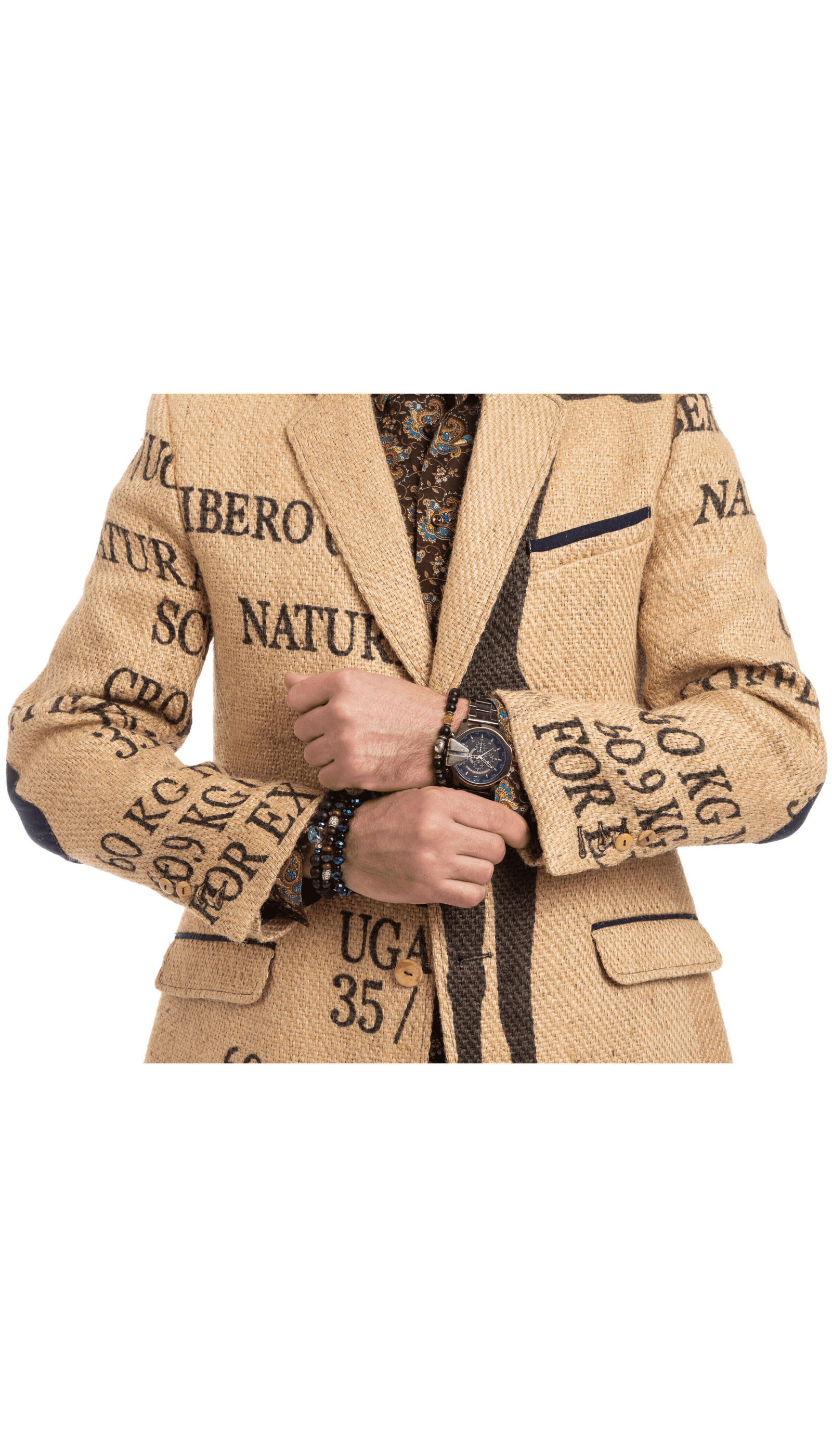 Timeless clothing piece for men from used coffee bags with original coffee farm`s print