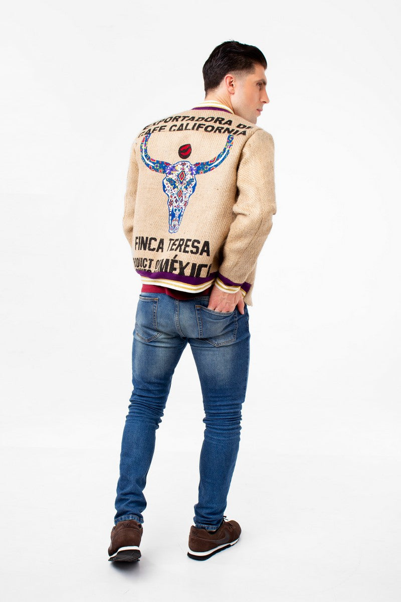 Timeless environmentally friendly clothing piece made of coffee sacks with original coffee farm`s BULL HEAD print on the back