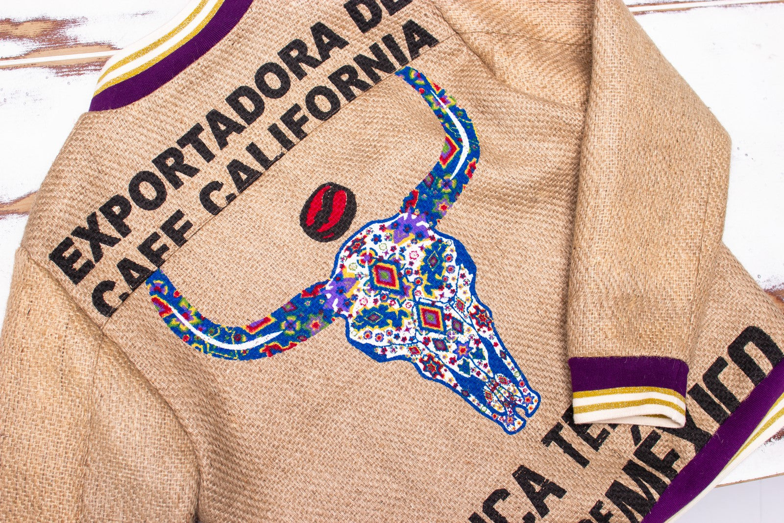 Unique designer jacket made of upcycled coffee sacks from a sustainable fashion brand THE COFFEE JACKET®