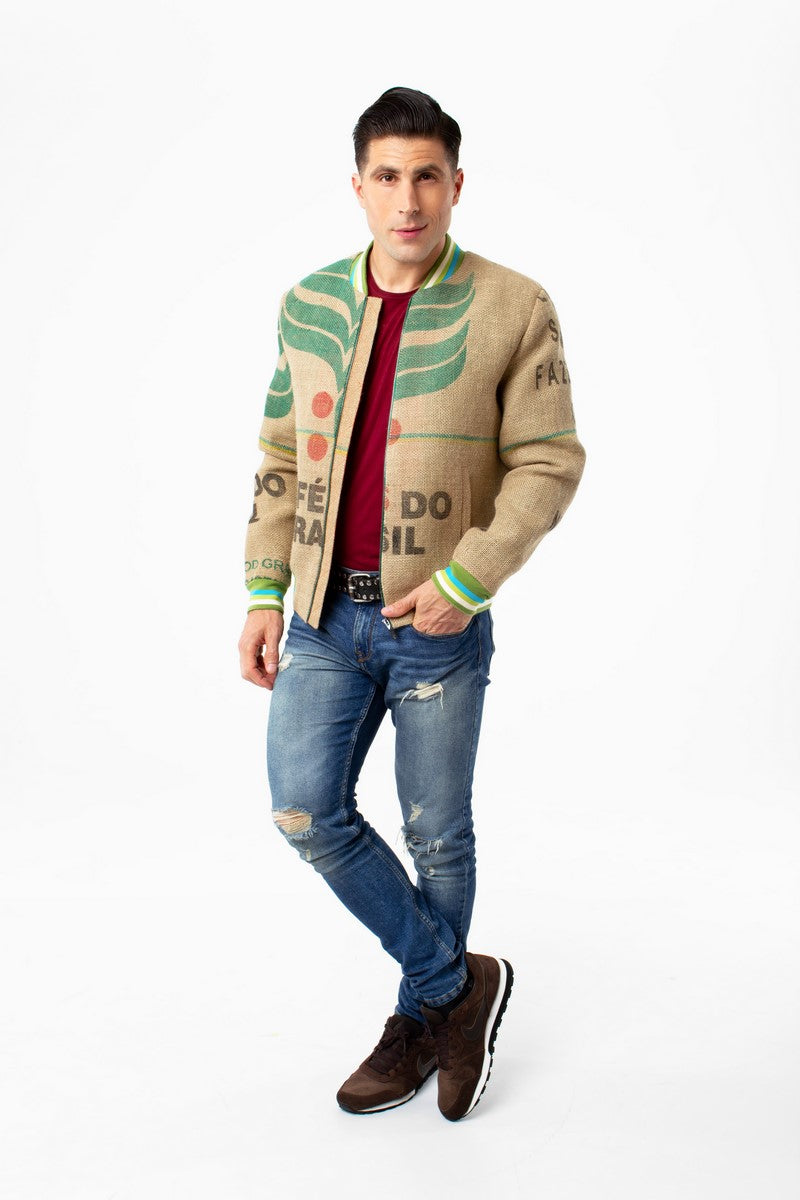 Sustainable garment for fashion-conscious men and women manufactured from burlap coffee sacks