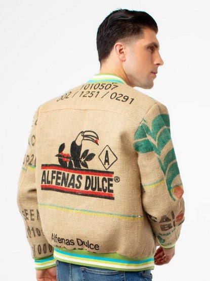 Fashioanable and eye-catching bomber jacket for men and women sustainably produced from upcycled coffee sacks