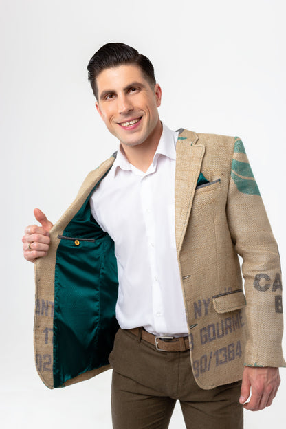 Noble emerald green inner lining of the exquisite men`s sport`s jacket from upcycled coffee sacks