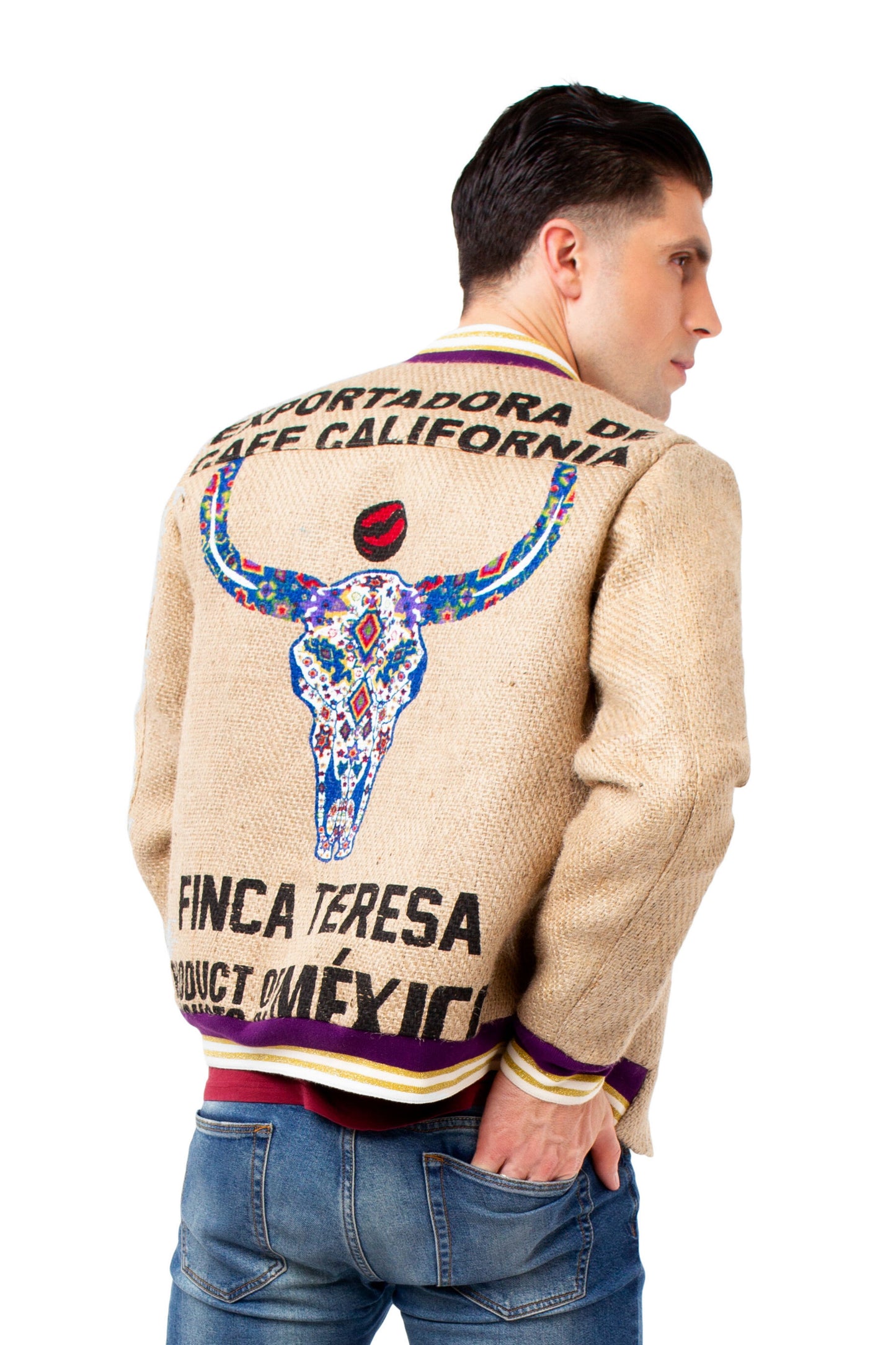 Impressive eco-friendly bomber jacket made of upcycled Mexican coffee sacks with a catchy BULL HEAD print