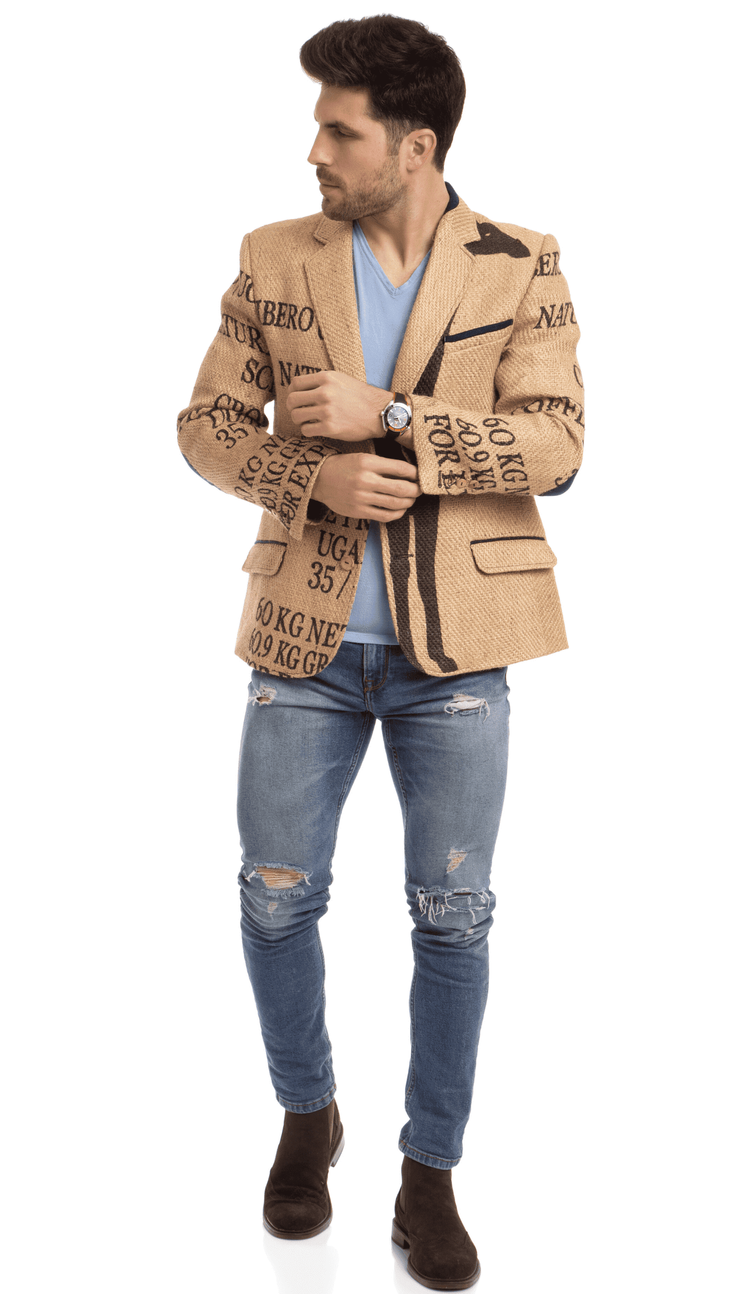 A classy eco-friendly jacket handmade in Germany of burlap coffee sacks