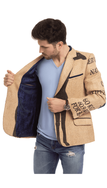 Conscious fashion piece for men made of African coffee sacks with inner lining in noble blue
