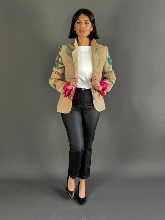 The Coffee Jacket Gorgeous Woman: Blazer de saco de café reciclado, calidad premium, ecológico, único